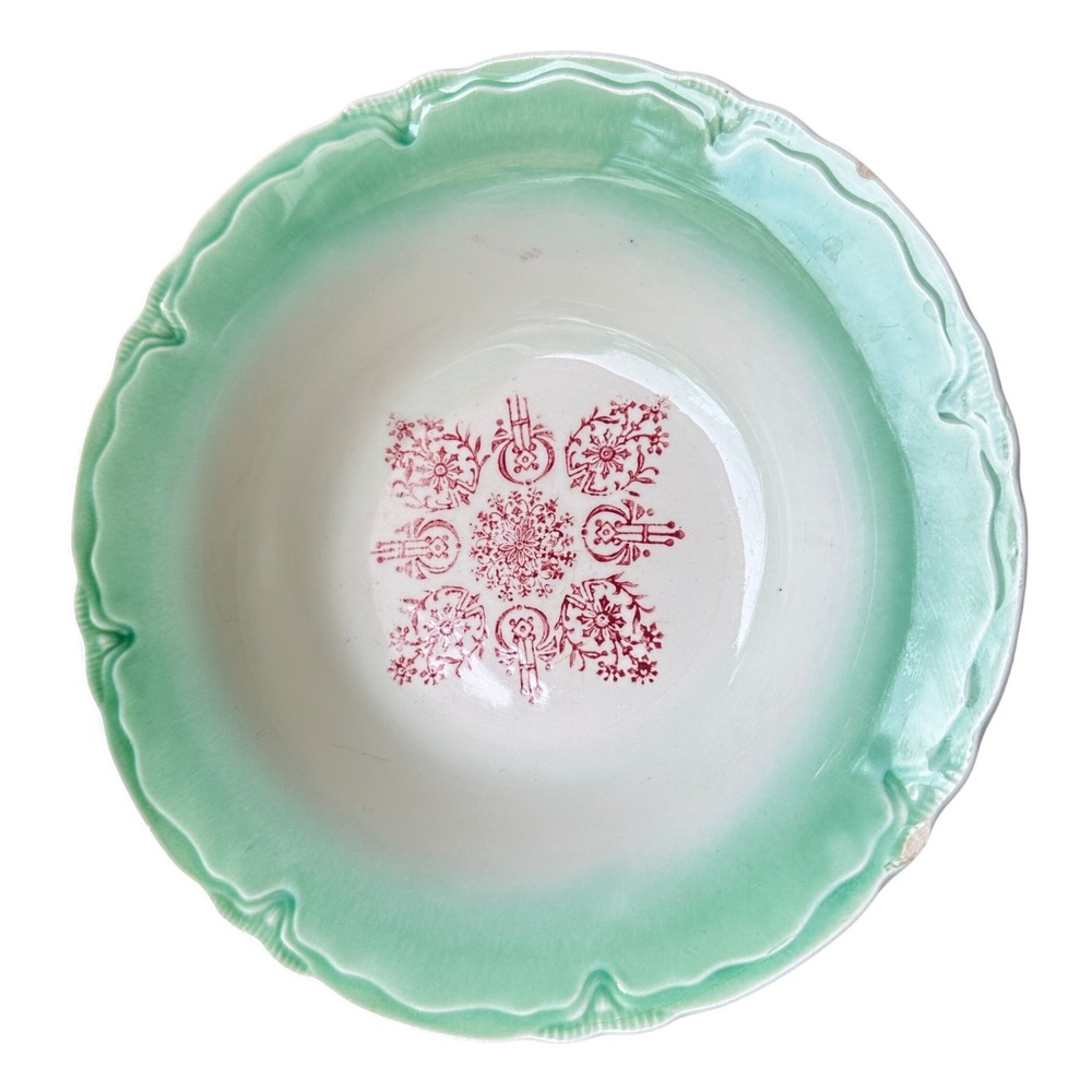Vintage Green Ombre Scalloped Basin‎ Bowl Red Floral Pastel Country Farmhouse